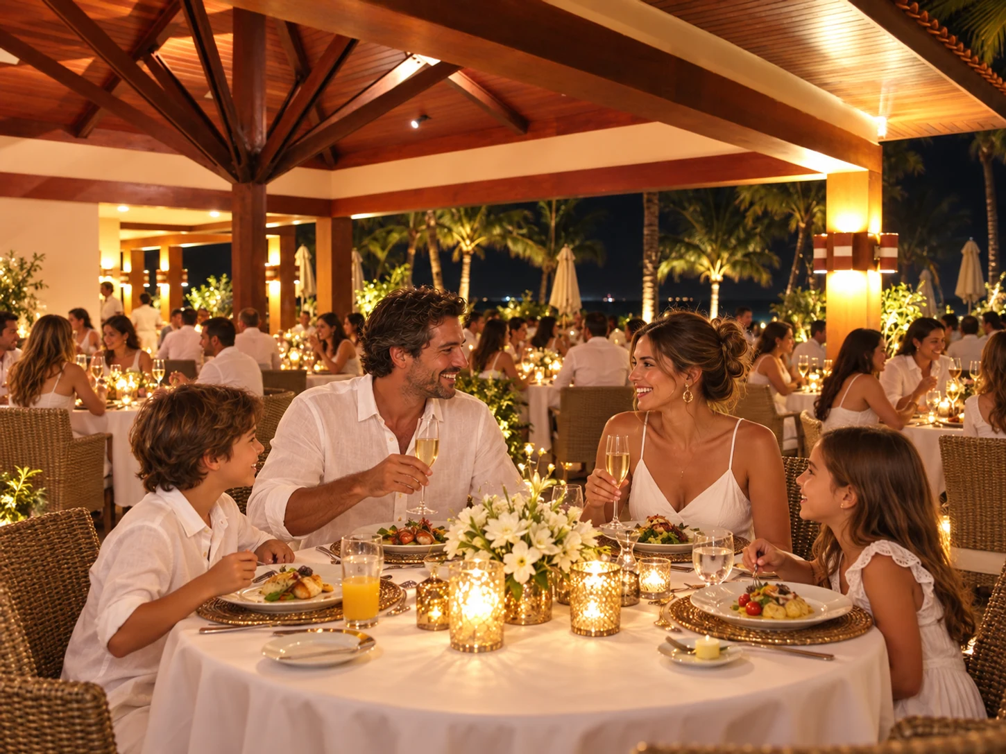 Cena de campanha criada por IA a partir do Canoas: família de branco à mesa na ceia, decoração dourada e outras mesas ocupadas.